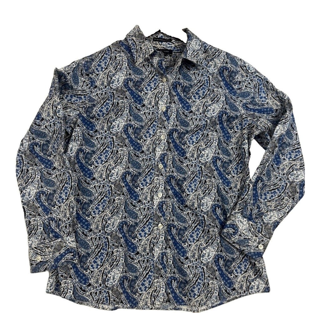 Lands’ End No Iron Pinpoint Oxford Shirt Womens 12 Blue Paisley Floral Cotton